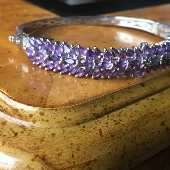 Natural African Amethyst Sterling Silver Bangle Bracelet - Picture 10 of 11